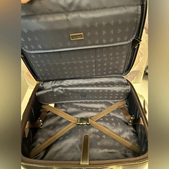 ! Brooks Brothers Genuine Pebbled Leather Trolley Travel Bag Brown And G… - Picture 7 of 11